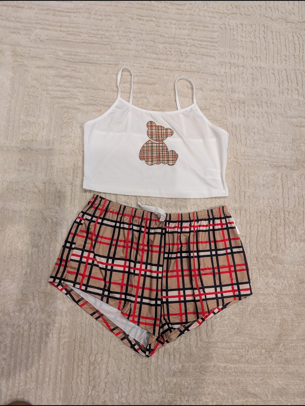 White Spaghetti Strap Cropped Tank with Plaid Bear & Tan Red Plaid Shorts